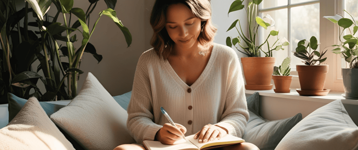 A woman sits on a sofa, surrounded by green potted plants and cushions, writing in a notebook with a pen. Sunlight streams in through a window beside her, creating a cozy, peaceful atmosphere.