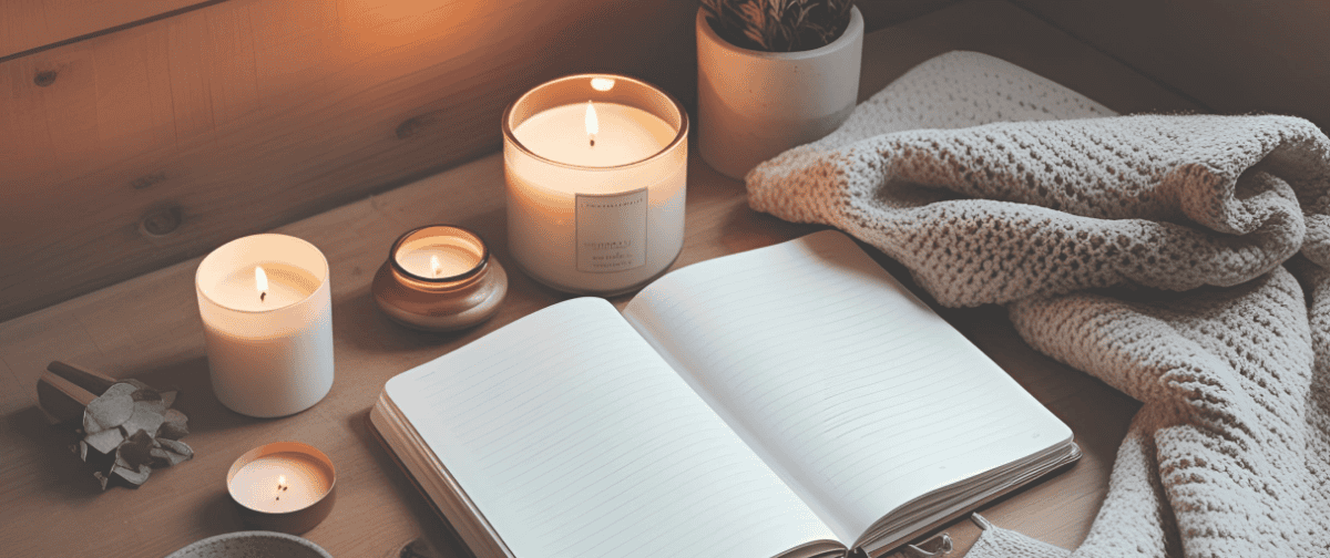 An open blank notebook sits on a wooden surface surrounded by lit candles, a knitted blanket, and a small potted plant, creating a warm and cozy atmosphere.