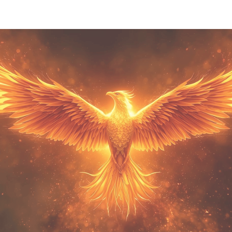 A glowing, majestic phoenix with outstretched wings rises in a burst of golden and orange light against a dark, smoky background, radiating warmth and energy.