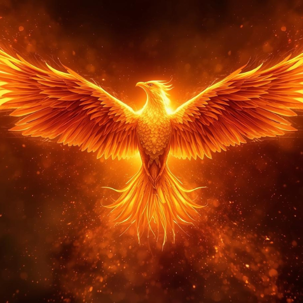 A glowing, fiery phoenix with outstretched wings rises against a dark, smoky background, surrounded by sparks and embers, symbolizing rebirth and renewal.