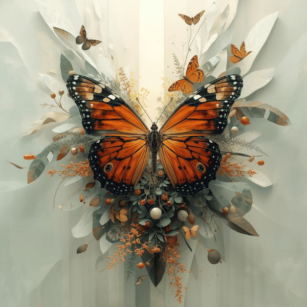 A large, vibrant orange and black butterfly is surrounded by leaves, berries, and smaller butterflies, creating a symmetrical, nature-inspired arrangement on a soft, light background.